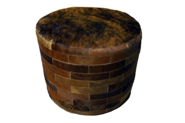Cowhide 24" Round Patchwork Ottoman - dark brown