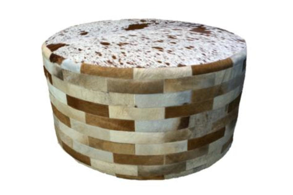 Cowhide 36" Round Patchwork Ottoman - light brown